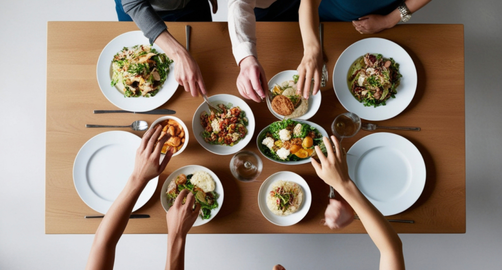 Top down view of hands warmly reaching for plates of food on a table